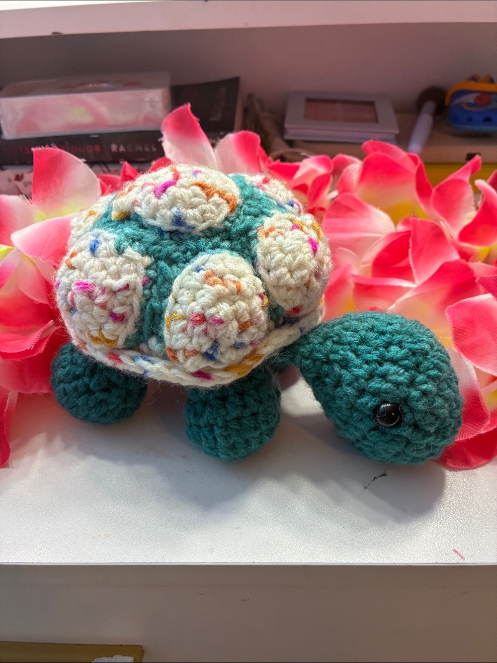 Handmade Crocheted Turtle/Tortoise Plush in Teal and Cream Confetti